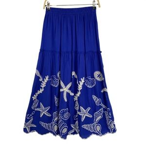 LAFFAIRE‎ Boho Embroidered Seashell Maxi Tiered Skirt Size S Cobalt Blue NWOT